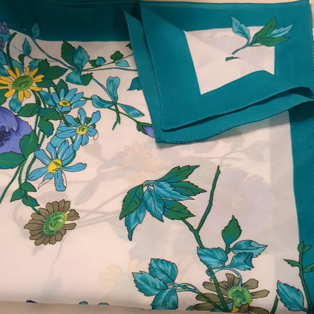 Vintage 60s Floral Scarf Italy Teal and White Garden Cottagecore Spring Summer
